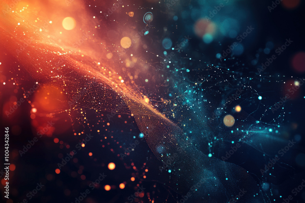 Poster vibrant cosmic dance with shimmering waves of light and color in a dynamic abstract space at dusk. g