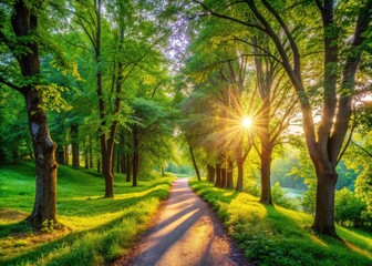 Serene Vintage Path Through Lush Green Nature Surrounded by Trees and Sunlight in Tranquil Setting