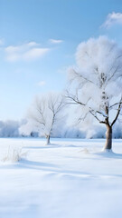 Obraz premium A serene winter landscape with soft, untouched snow covering the ground, bare trees in the background, and a pale blue sky, no people or objects.