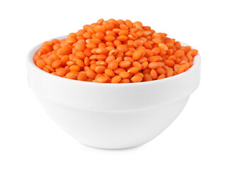 Raw lentils in bowl isolated on white