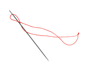 Sewing needle with red thread isolated on white