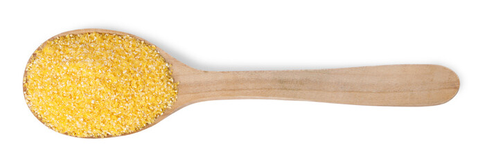 Raw cornmeal in wooden spoon isolated on white, top view