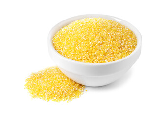 Raw cornmeal in bowl isolated on white