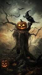 Pumpkin-head crow on tree in misty spooky forest