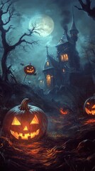 Gothic haunted house under full moon with pumpkins