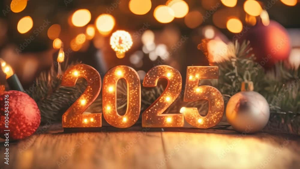 Aufkleber glowing 2025 numbers on rustic wood with red and silver ornaments, evergreen branches. warm, invitin