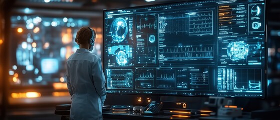 Futuristic Technology Control Center   Analyst Working on Digital Interface