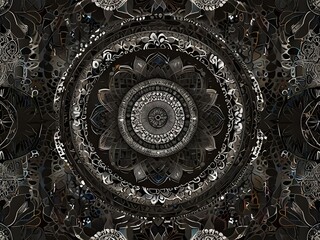 A intricately detailed black and white illustration featuring the Fruit of Life, a mandala-inspired composition of overlapping circles, set against a backdrop of layered geometric patterns