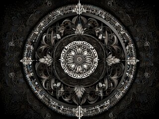 Fototapeta premium A intricately detailed black and white illustration featuring the Fruit of Life, a mandala-inspired composition of overlapping circles, set against a backdrop of layered geometric patterns