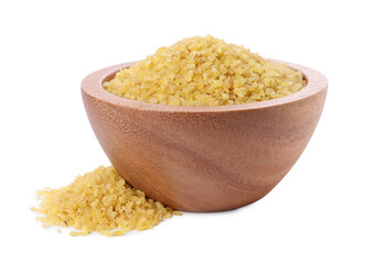 Raw bulgur in wooden bowl isolated on white