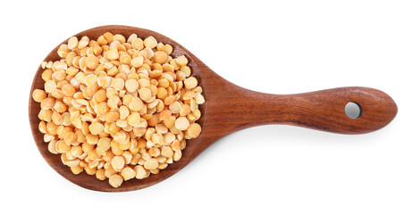 Dried peas in wooden spoon isolated on white, top view