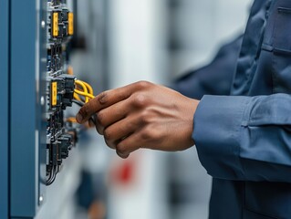 Hands-on engineer assembling and testing electrical panels in a power distribution setup, hands-on engineer, electrical systems