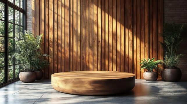 threedimensional wooden podium set against a wall of vertical slats ideal for product presentations showcasing modernity and sophistication in a minimalist studio environment