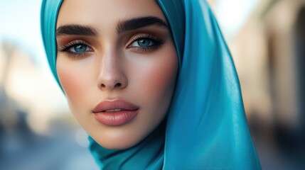 Fototapeta premium A close-up portrait of a woman wearing a turquoise hijab, showcasing her striking features.