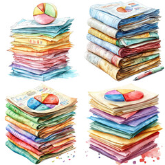 Stack of Business Documents with Colorful Pie Charts