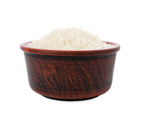 Raw rice in bowl isolated on white