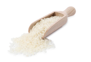 Raw rice in wooden scoop isolated on white