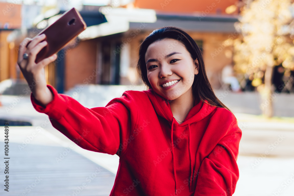 Poster portrait of cheerful female blogger dressed in stylish look smiling at camera while creating new ima