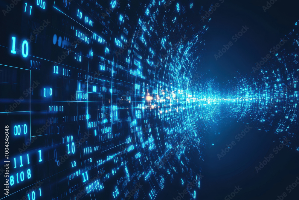 Poster A mesmerizing digital tunnel of blue binary code swirling through space and time, creating a cosmic effect of motion and depth. Generative AI