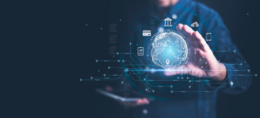 A person interacting with a digital globe, representing technology and connectivity. Ideal for illustrating innovation and digital transformation.