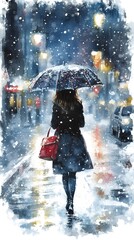 A girl in the city, walking with an umbrella under heavy snowfall, in the style of watercolor