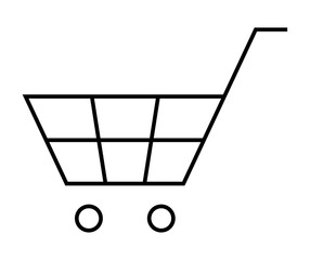 Simple black and white drawing of a shopping cart with a grid design and two wheels. Ideal for e-commerce websites, retail stores, online shopping apps, consumer goods branding, and marketing