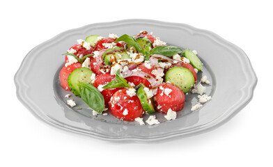 Delicious watermelon salad with feta cheese, vegetables and spices isolated on white