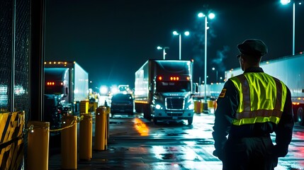 Customs Officer Blocking Trucks at Border Checkpoint,Global Trade Restriction