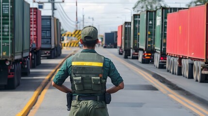 Customs Officer Blocking Trucks at Border Checkpoint,Global Commerce Obstacle
