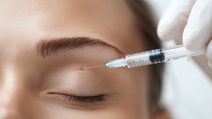 Beautician carefully administering a cosmetic injection to the area between a young woman’s eyebrows, focusing on the delicate process of facial rejuvenation. photo