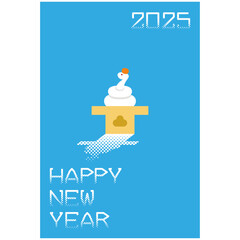 巳年と鏡餅の背景が青い年賀状イラストデザイン