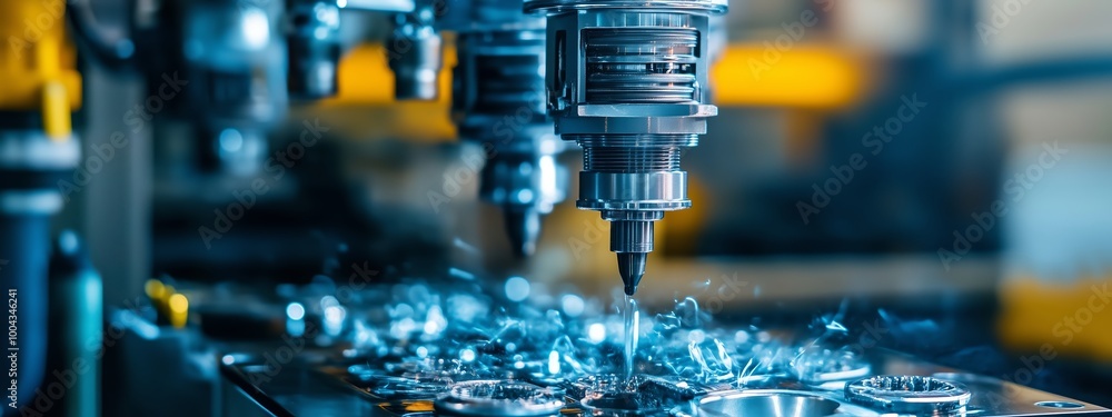 Poster precision machining process in an advanced factory setting with cutting tools at work on metal compo
