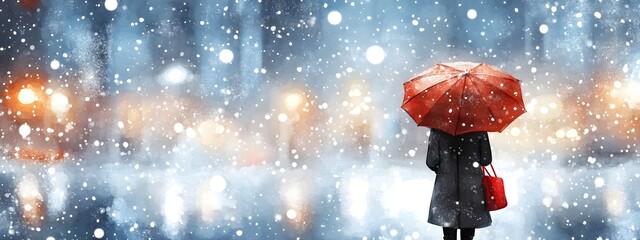 A girl in the city, walking with an umbrella under heavy snowfall, in the style of watercolor