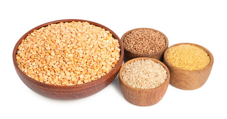 Different cereals and peas in bowls isolated on white