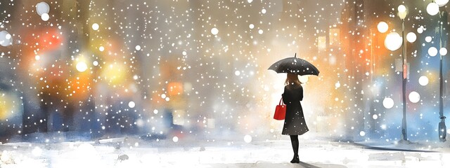 A girl in the city, walking with an umbrella under heavy snowfall, in the style of watercolor