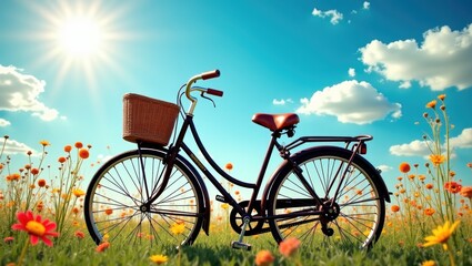 Fototapeta premium Vintage Bicycle in a Field of Flowers on a Sunny Day