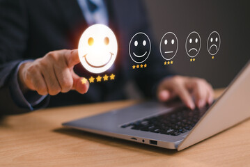 Questionnaire business experience feedback service. Customer satisfaction survey concept. Client use computer review happy face 5-star satisfaction rating online application. Evaluate product quality