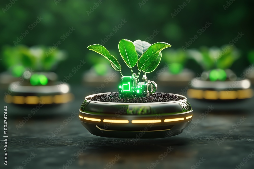Poster a futuristic magical farm using enchanted technology, where glowing crops are managed by floating ai