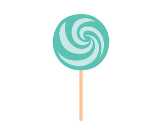 Green Spiral Lollipop on a stick Isolated on White Background. Concept of Sweet Candy, Spiral Design, Confectionery Illustration. Print, Icon, Design Element, candy shop