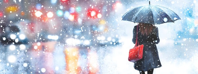 A girl in the city, walking with an umbrella under heavy snowfall, in the style of watercolor