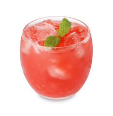 Tasty watermelon drink in glass and mint isolated on white