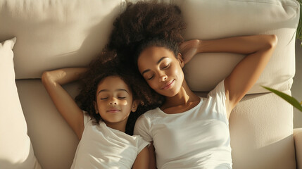 Top-down view of a mother and daughter resting on a comfortable sofa, arms stretched back over their heads, eyes closed, both in a serene state of relaxation. photo