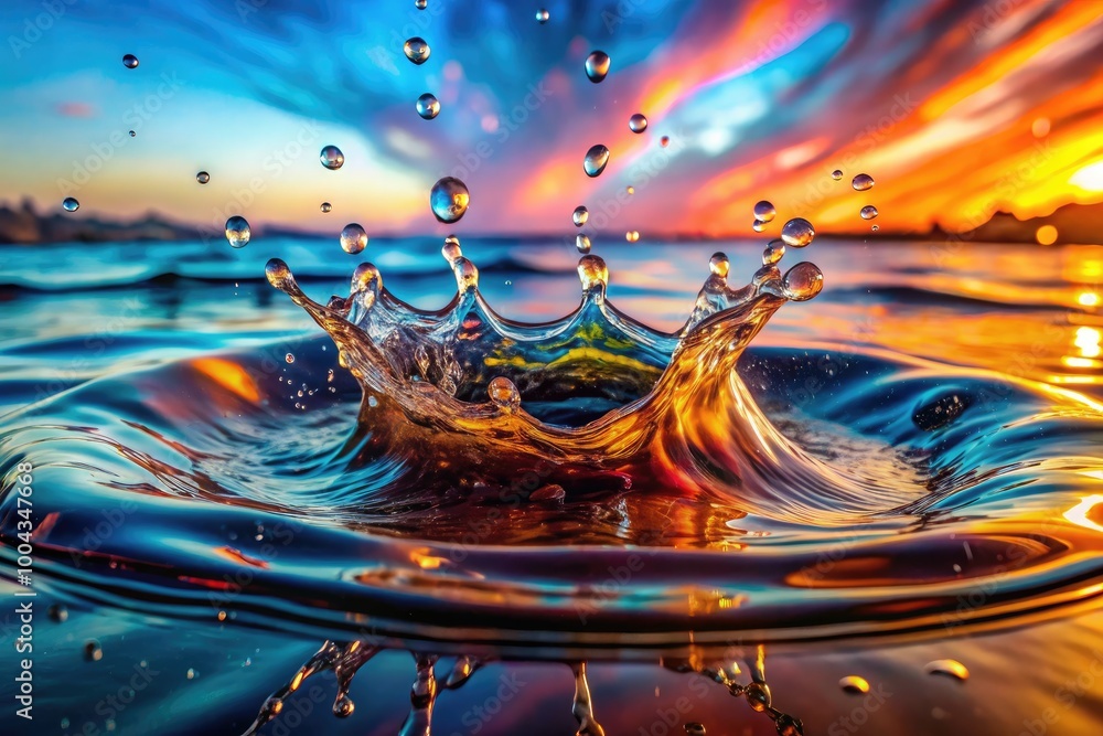 Poster splashing water flow with fresh drops creating dynamic patterns and reflections on a surface