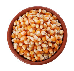 Fresh corn kernels in bowl isolated on white, top view