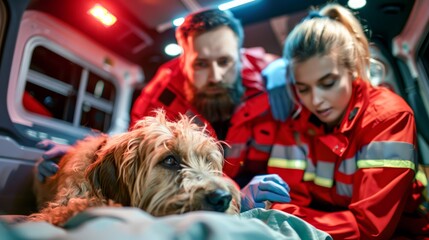 Emergency Care Team Assisting Injured Dog in Vehicle