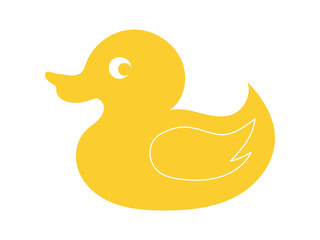 Yellow rubber duck isolated on white background. Flat cartoon illustration. Concept of kids' bath toys, cute bird, bright art, duckling. Icon, design element, playful toy for children