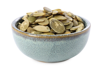 Peeled pumpkin seeds in bowl isolated on white