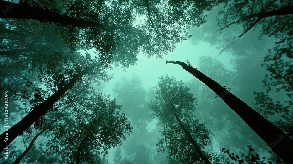 Poster a serene view of tall trees in a misty forest, creating a tranquil atmosphere.