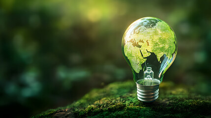 Renewable Energy.Environmental protection, renewable, sustainable energy sources. Green world map on the light bulb on green background .green energy. Renewable energy is important to the world