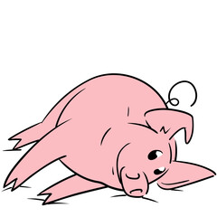 Cute little pig posing lying down seen from the front very happy